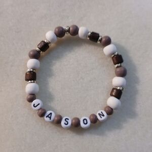 NWT Handcrafted Men's Elegant Brown/ White Wood Beaded Bracelet w/Gold Accents.